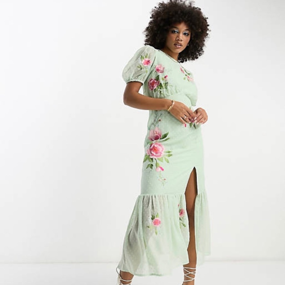 ASOS Design textured chiffon puff sleeve midi tea dress with floral embroidery